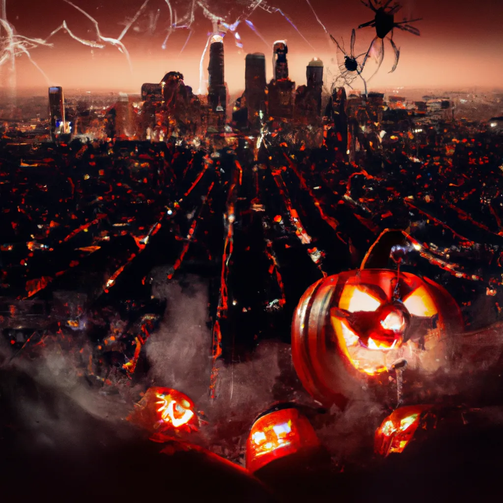 Prompt: Its a Halloween city, Spiders peak through a lit screaming jack-o-lantern pumpkin on fire, wide angle, sinister scene,  sharp focus and details, fine art, Halloween theme, orthogonal view  dark background By Mel Ramos