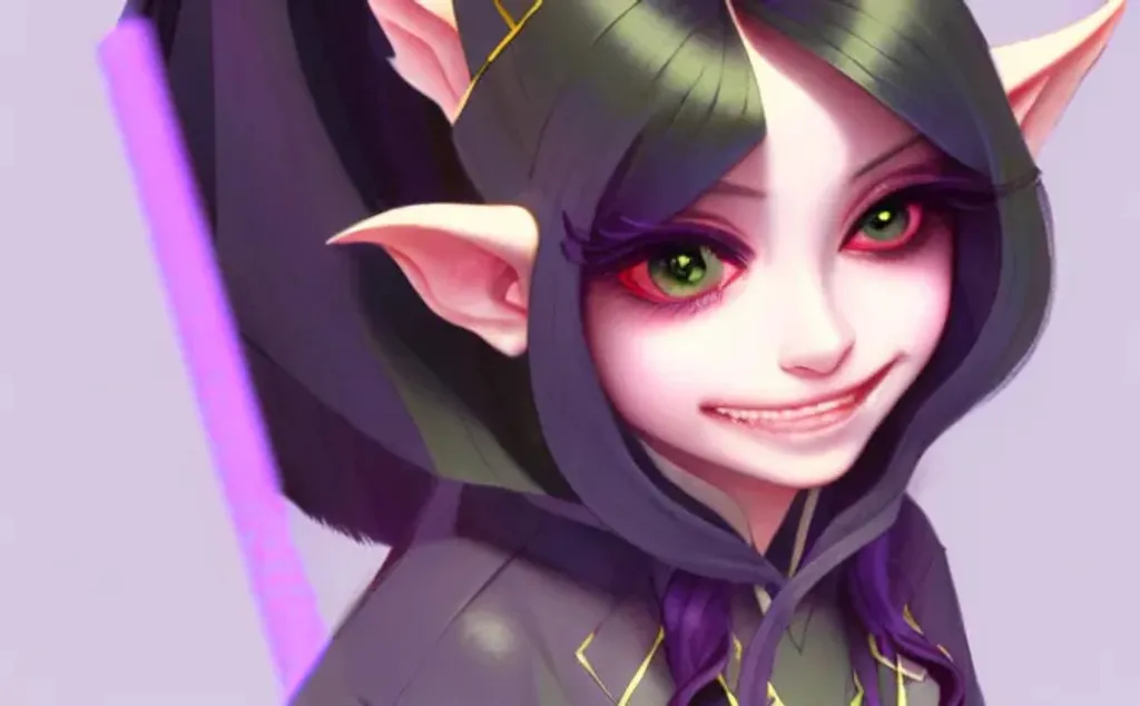 Prompt:  Isometric view of a {goblin girl}, smooth soft olive green skin, big dreamy eyes, beautiful intricate purple black colored hair, symmetrical, anime wide eyes, soft lighting, detailed face, by makoto shinkai, stanley artgerm lau, wlop, rossdraws, concept art, digital painting, looking into camera, giant grinning smile, big white teeth, black leather armour,rebellious,adventurer, busy marketplace