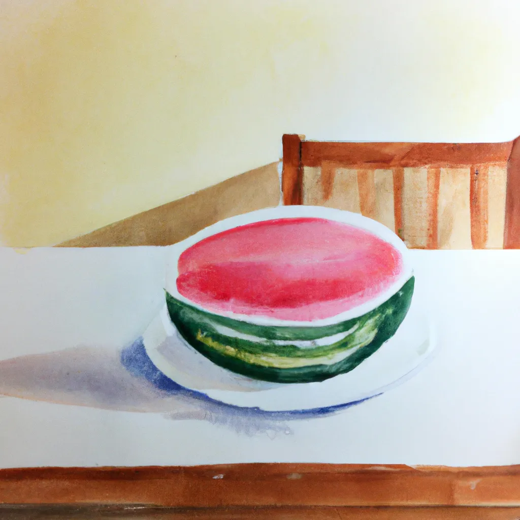 Prompt: watercolor painting of watermelon, bright, white table, white walls