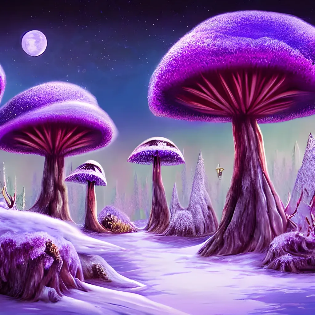 Prompt: fantasy ent village in the snowy mountain with strange red mushroom trees with bat lions flying in the skys and 3 moon in the purple sky, digital art, highly detailed, fantasy art style