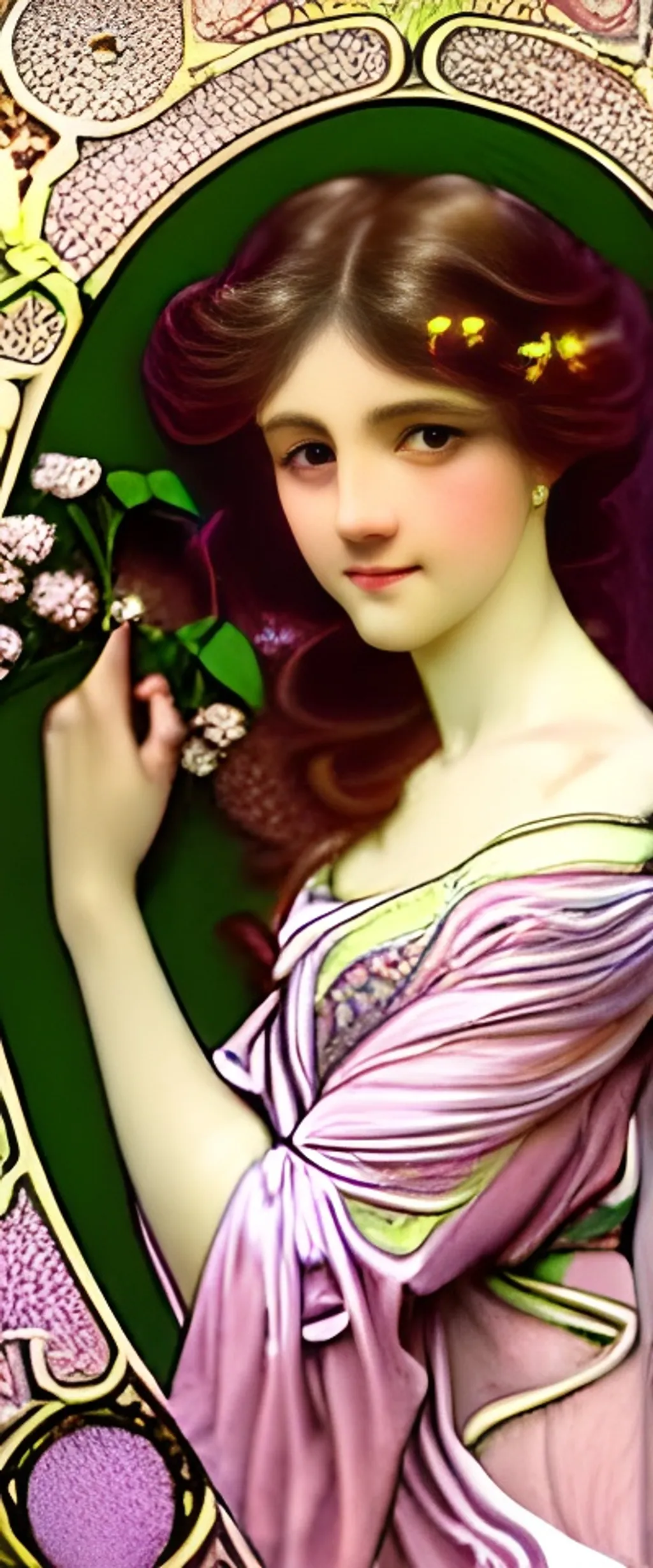 Prompt: art nouveau, highly detailed, very beautiful face perfect nose, pink lips, large green eyes, lovely angel with soft curly auburn hair, filigree arch, fantasy, intricate, elegant, hydrangea blossom full moon highly detailed, digital painting, artstation, concept art, smooth, sharp focus, illustration, art by artgerm and alphonse mucha