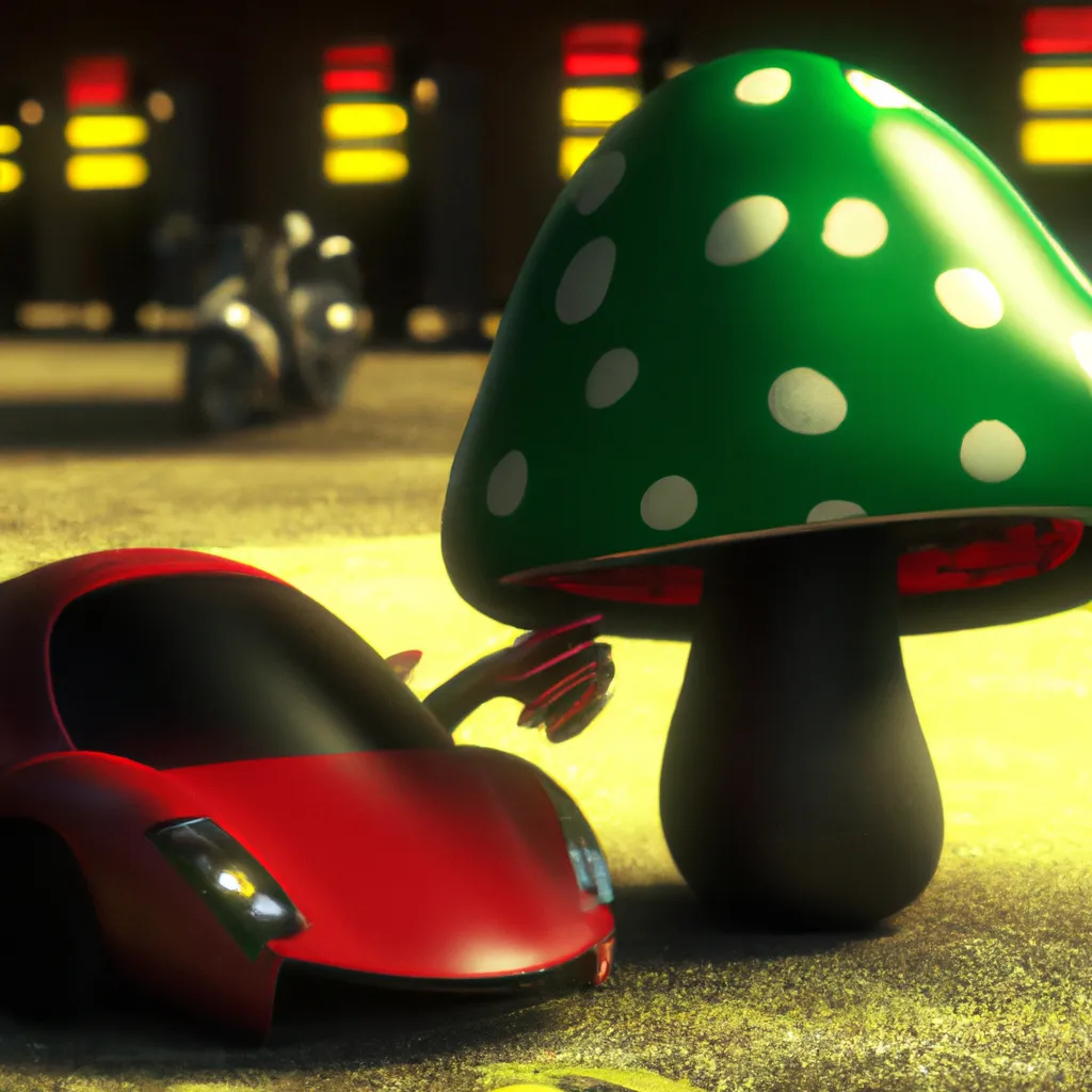 Prompt: Two race cars of anthropomorphic hot chilis peppers, one red and one green, racing with each other, cyberpunk, redshift render, 4k ultra-detailed  | Giant Cosmic mushroom  | cute girl | in the style of Magritte  | use brown, black, gray, white soft muted colors | 3d render | octane lighting | dream fantasy | computer chip| IC chip | golden ratio | Disney Pixar Dreamworks 