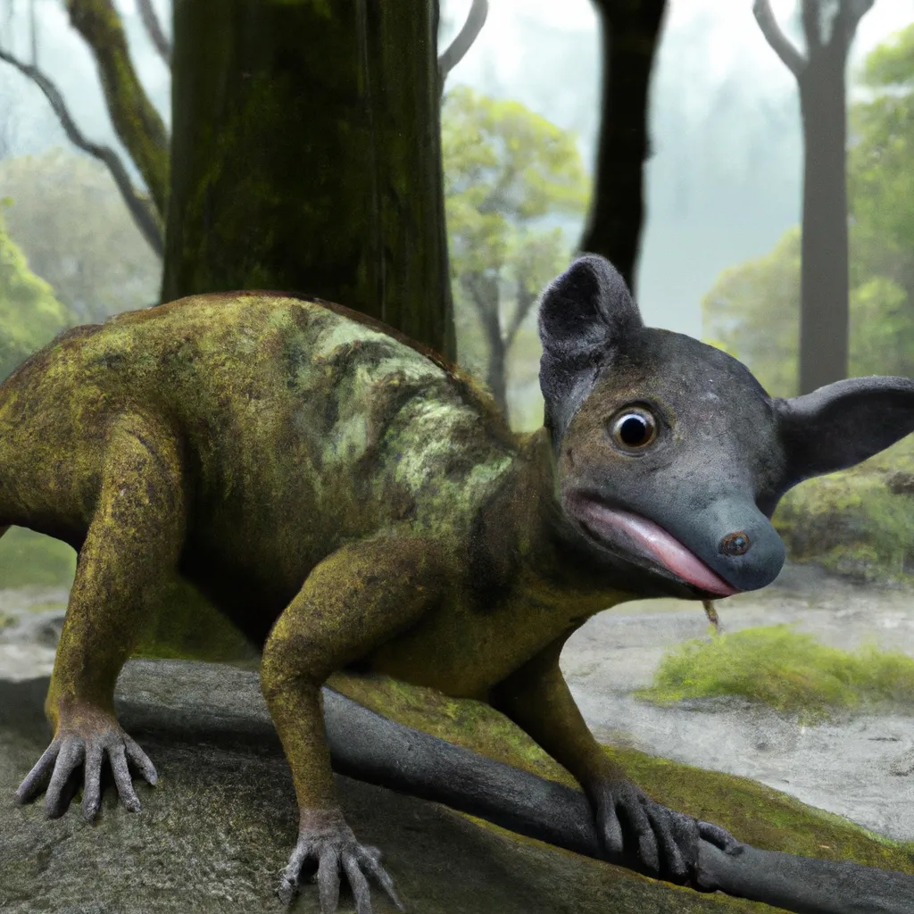 Prompt: ancient has dinosaur head chimera of Sunda Flying Lemur ,has macrauchenia's trunk, and similart to the duck-billed platypus , amazing, warning coloration on the skin, dinosaur .  pre-historic, Full shot, Long shot, speculative evolution. Highly realistic, accurate anatomically correct paleoart, ultra-realistic CGI representation,  hyperrealistic, award-winning wildlife photography,  4k, trending on artstation, staged photography , scientifically correct