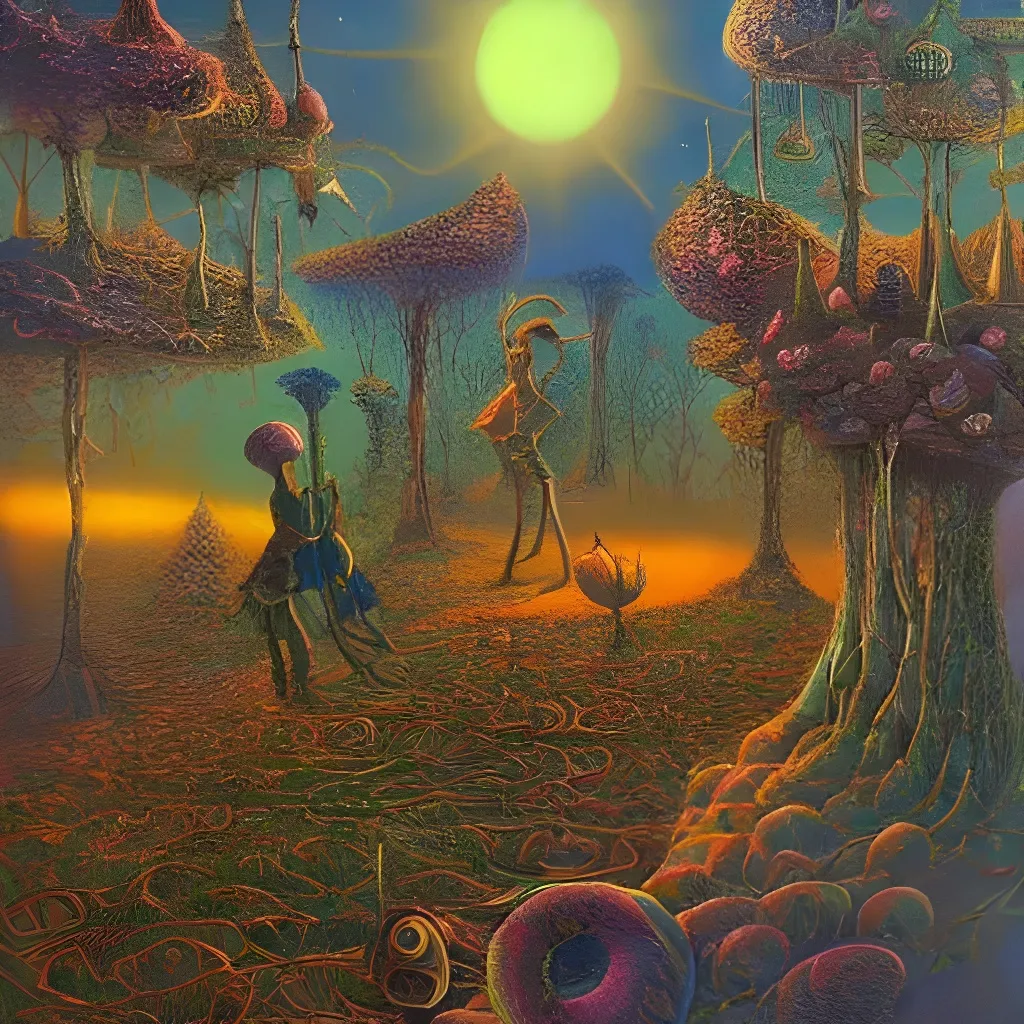 Prompt: elves and fairies with detailed hands embarking on an adventure at sunrise with griffin and rabbits 8k high resultion shire very detailed paul lehr surreal landscape highly detailed and intricate, photorealistic