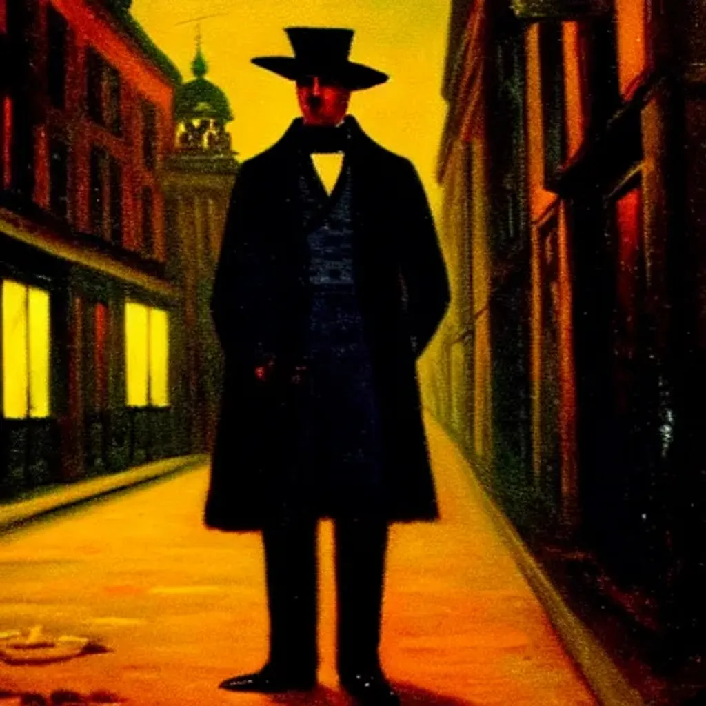Prompt: 1800s painting of a shadow man standing in streets of Berlin at night