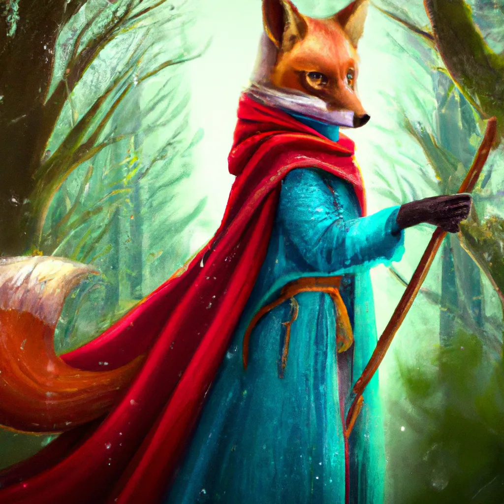 Prompt: Hyperrealistic fox wearing a green mantel and a red dress, long blue mantel with a wooden luminous  stick in his hand, he has a determinate face, magic forest in the background, intricate, fantasy, elegant, highly detailed, digital painting, artstation, concept art, smooth, sharp focus, illustration
