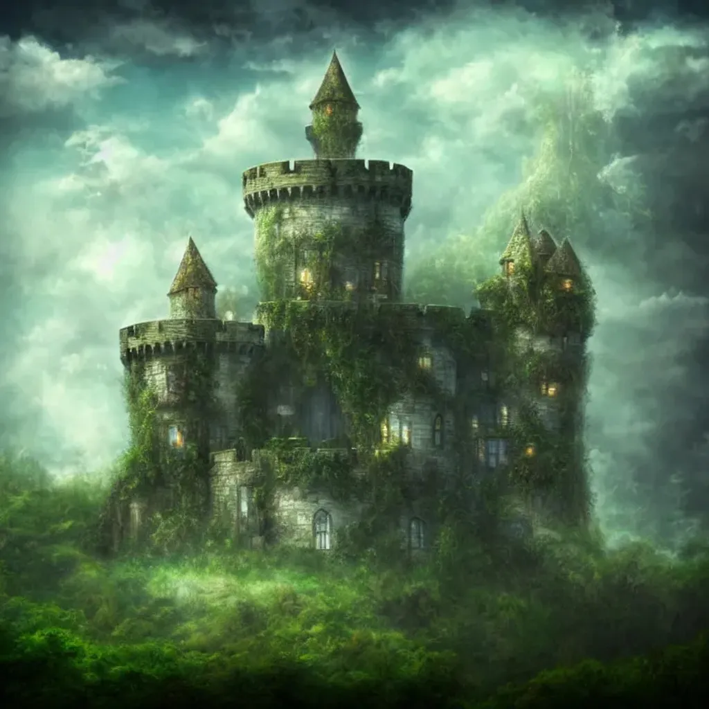 Prompt: fantasy like overgrown castle in the clouds
