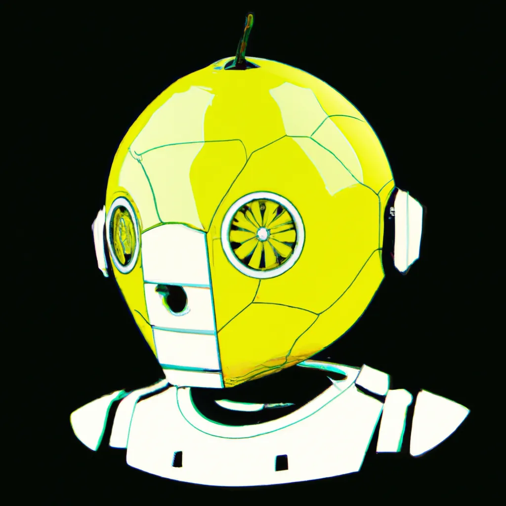 Prompt: head and shoulders portrait of a synthwave stylised minamalistic lemon robotic character with a orb shaped screen displaying the characters face, rule of thirds, high contrast