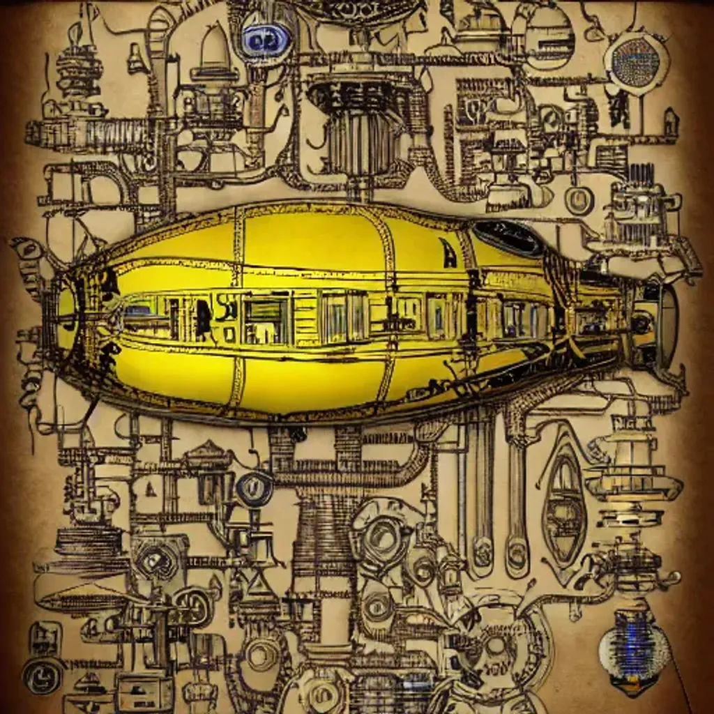 Prompt: a full page concept designs of the yellow submarine, vivid, steampunk blueprint, intricate details, scientific, Highly detailed labeled, poster, perfect composite, mechanical drawing, draft drawing\, Autocad drawing on brown paper, Da Vinci , black and white still, digital Art, perfect composition, beautiful detailed intricate insanely detailed octane render trending on artstation, 8 k artistic photography, photorealistic concept art, soft natural volumetric cinematic perfect light, chiaroscuro, award - winning photograph, masterpiece, oil on canvas, raphael, caravaggio, greg rutkowski, beeple, beksinski, giger