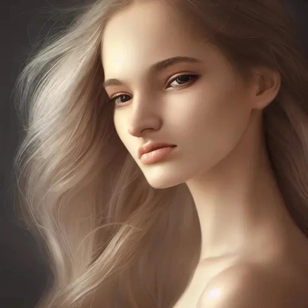 Prompt: portrait of a girl, slender body, average height, white skin, hazel eyes, sculpted eyebrows, narrow nose, thin face, blond hair,  beautiful female, detailed shiny hair, whimsical, atmospheric, dynamic lighting, photo realistic, very beautiful, elegant, golden light, highly detailed, digital painting, artstation, concept art, smooth, sharp focus, illustration