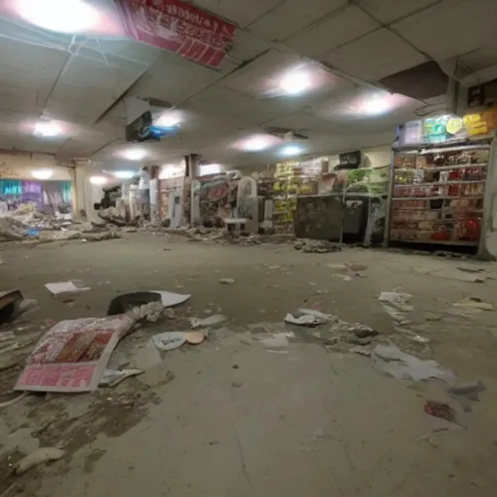 Prompt: abandoned south korea store at night with garbage on floor, creepy liminal space