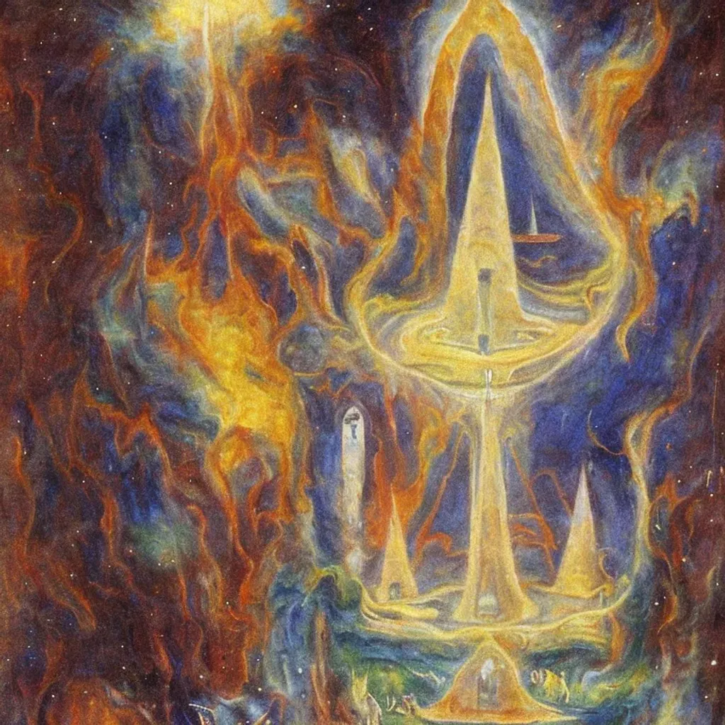 Prompt: Anthroposophical painting of the Tower, Lord of the Hosts of the Mighty by Rudolf Steiner