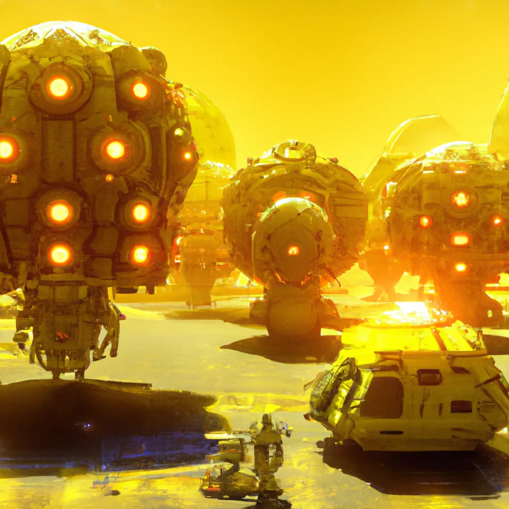 Prompt: stranded astronauts exploring vast yellow cyberspace dimension, tron, half-life 2, first-person shooter, made from yellow dodecahedrons, art by yuumei, beautiful science fantasy landscape, cybernetic, surreal, artstation, highly detailed, concept art, vast, operatic, red dark digital monsters,