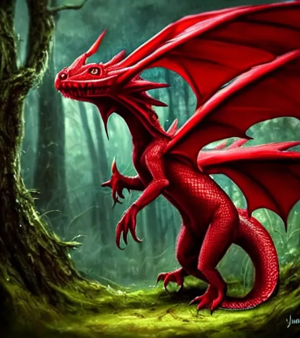 Prompt: Cute red and black baby dragon, fantasy creature, large adorable eyes, magical forest background, Photorealism, proportional feature, realistic features, Magical Lighting, Bokeh effect, RTX, CGI, Rich Deep Colors, Epic LOTR Environmental Fantasy Character concept Art, Insanely Detailed and Intricate Award-Winning Realistic Matte Oil Painting by pixar, James Chadderton, Michał Karcz, Miguel Membreño, Trending on Artstation, Epic Deviantart Fantasy