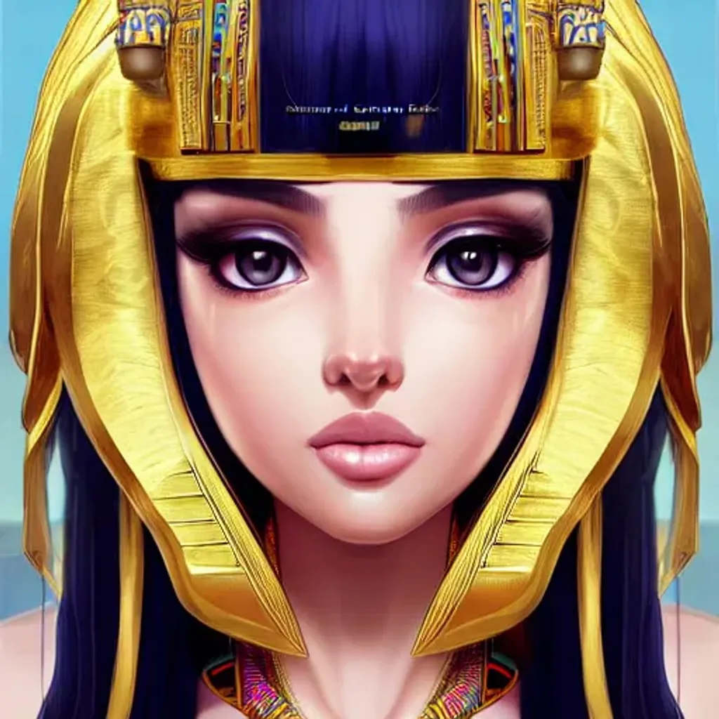 Prompt: Closeup face portrait of a female egyptian queen, cleopatra headdress, smooth soft skin, big dreamy eyes, beautiful intricate colored hair, symmetrical, anime wide eyes, soft lighting, detailed face, by makoto shinkai, stanley artgerm lau, wlop, rossdraws, concept art, digital painting, looking into camera