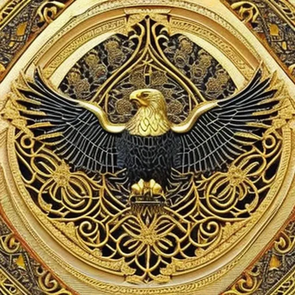 Prompt: engraved golden eagle, ((( symmetrical ))), mandelbulb, hypercube, ivory carving, carbon, fractal paisley inlay, lace, intricate, elegant, highly detailed, gold inlay, metallic, ivory, artgerm, lace, by ruan jia, symmetrical features, greg rutkowski, mucha, zbrush, nick alm, insanely detailed and intricate