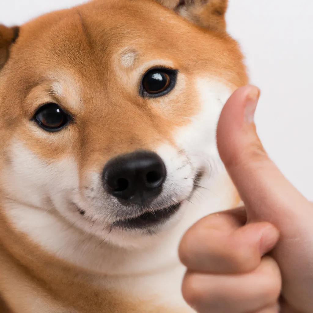 Prompt: shiba inu doing a thumbs up with a human hand, close up