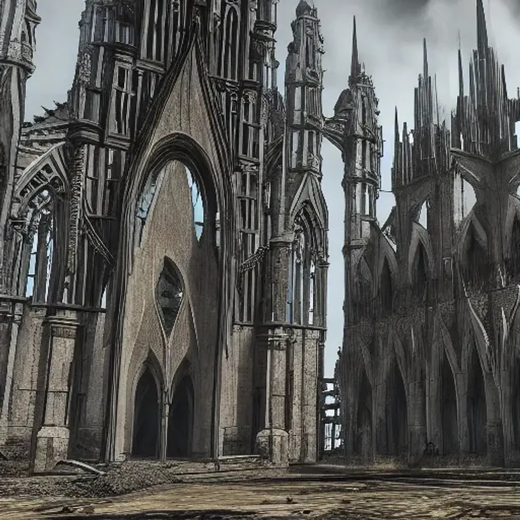 Prompt: A dystopian wasteland with intricate gothic buildings.