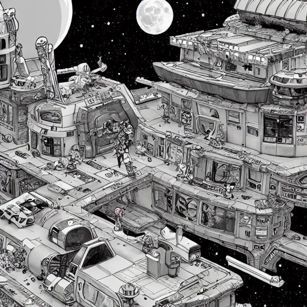 Prompt: moon base by Kim Jung Gi and Futurama and never ending stream of total cartoon chaos
