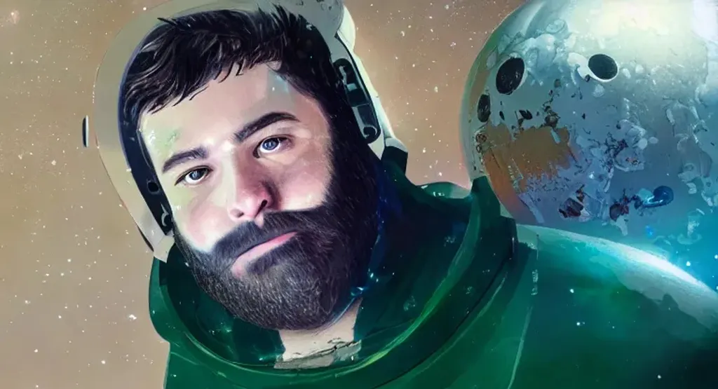 Prompt: young heavyset man in a futuristic spacesuit, intricate beard, glowing galaxies, blackhole, intricate wispy beard, guitar of stars, distant worlds, detailed face, detailed eyes, hyperrealistic, by Greg Rutkowski