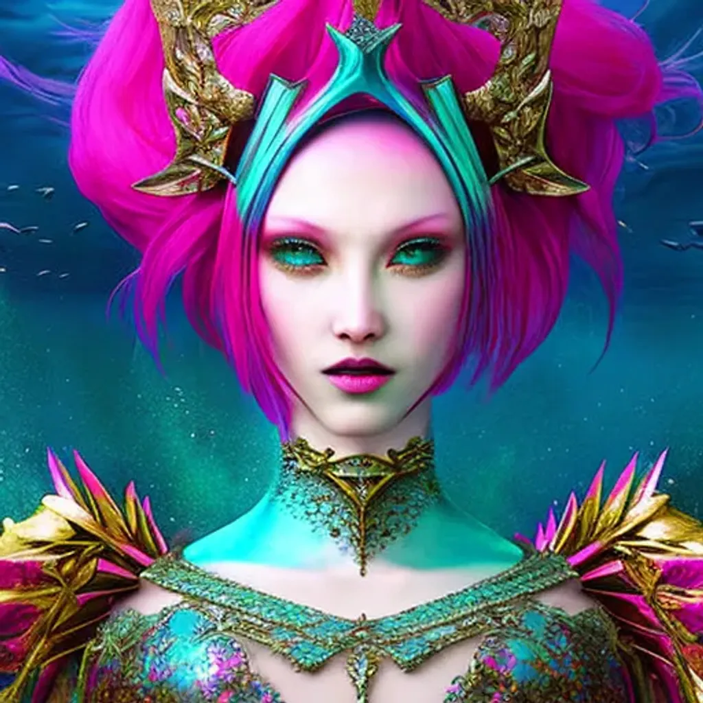 Prompt: a woman with pink hair and a crown on her head, digital art, inspired by tomasz alen kopera, fantasy art, wow 4 k detail fantasy, aquatic creature, sakimichan frank franzzeta, fuschia and vermillion and cyan, avatar image, jingna zhang, art cover, karol bak uhd, 3 d artwork