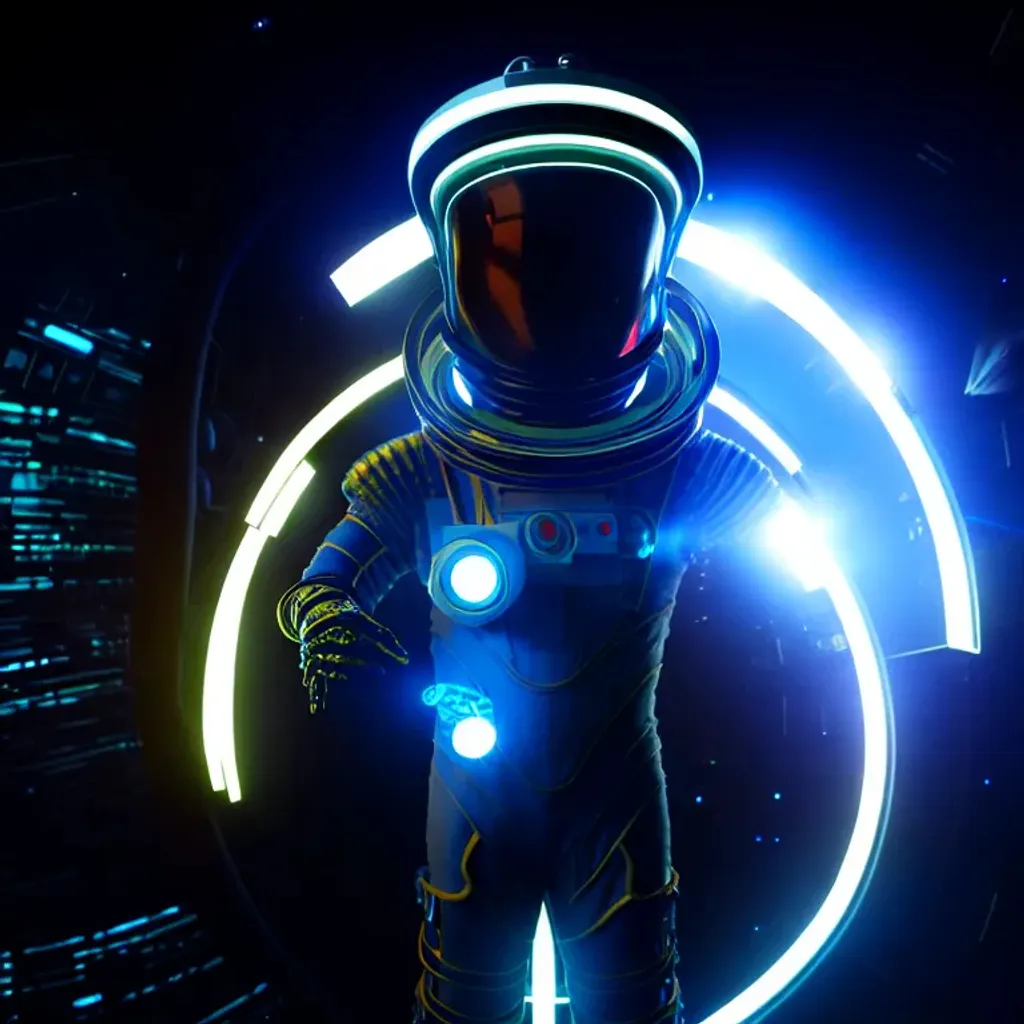 Prompt: a Futuristic Cyberpunk Space Suit, facing towards the camera with swagger,Cinematic Stanley Kubrick movie still with the iconic big circular ring lights in the background, 8K, digital art, unreal engine 5 render, octane render, photorealistic, photography, professional lighting and composition, award winning, intricate details, iconic movie shot by Stanley Kubrick with ring lights