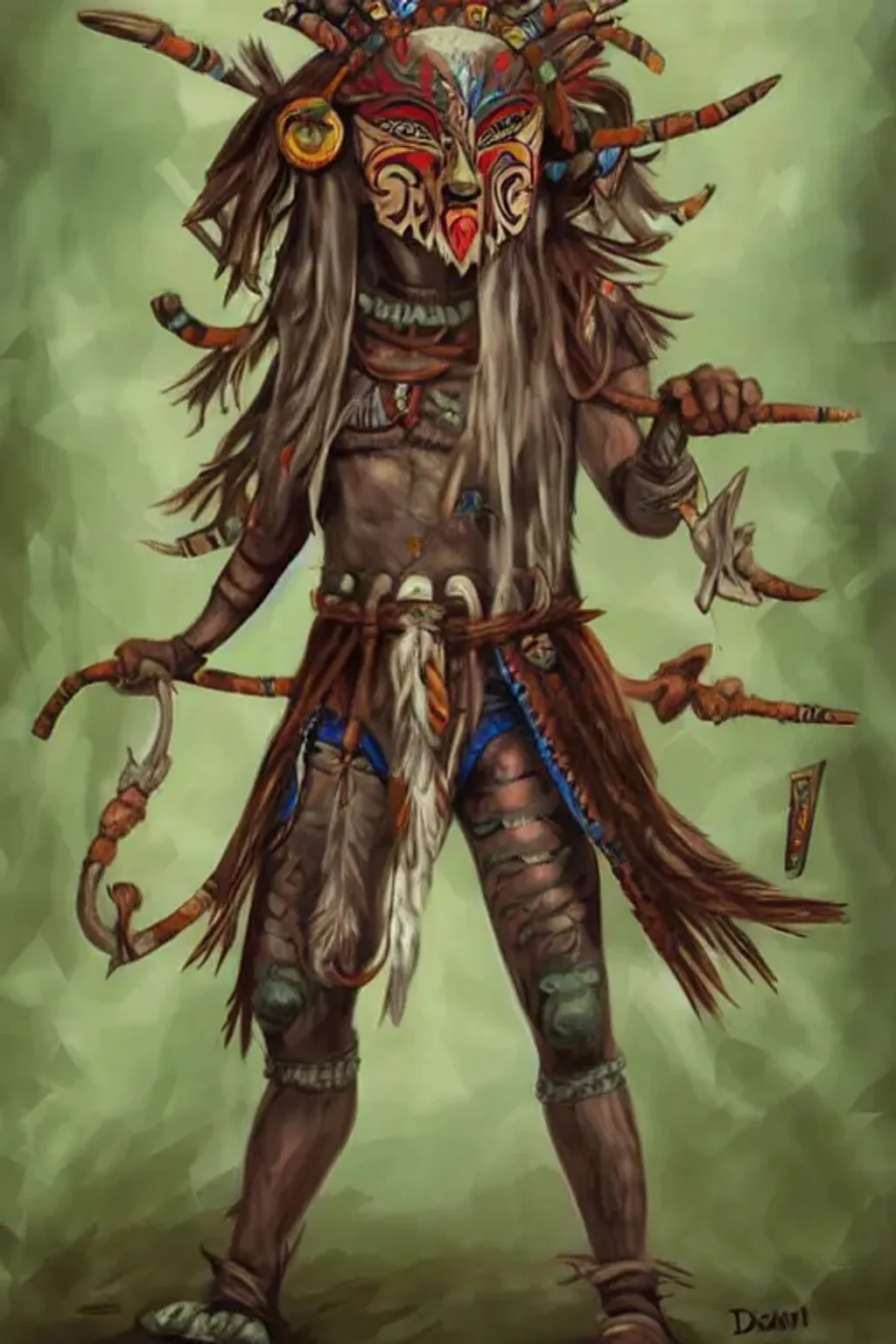 Prompt: full body art of a masked shaman in the style of natural fantasy by Dave Melvin