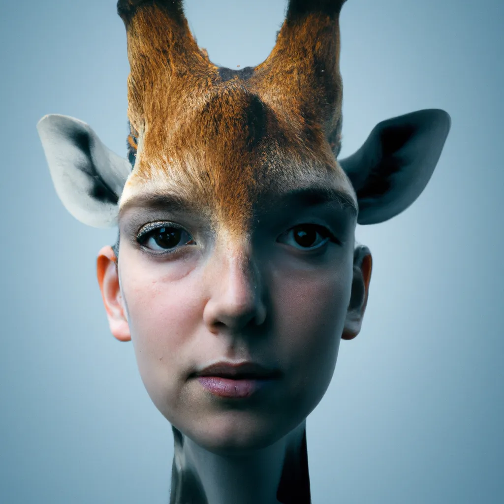 Prompt: A photo of a cute young woman's head combined with a 3D render of a hybrid giraffe head. Epic film poster style.