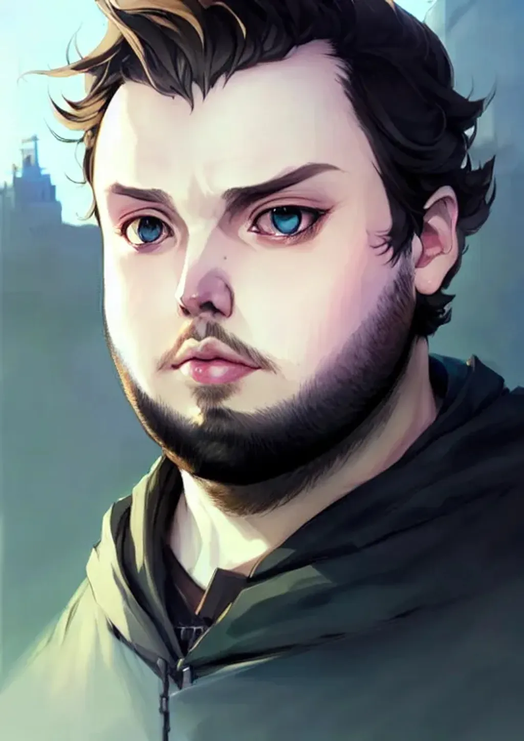 Prompt: portrait of a {samwell tarly as a futuristic thief}, smooth soft skin, big dreamy eyes, cute pensive face, beautiful intricate beard, symmetrical, anime wide eyes, dramatic lighting, detailed face, by Leiji Matsumoto, stanley artgerm lau, wlop, rossdraws, concept art, digital painting, looking into camera, pillars and ruins in the distance, crows in the sky