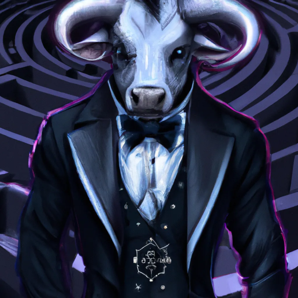 Prompt: A minotaur wearing a tuxedo, with a labyrinth in the background, 4k digital art, hiperrealistic, anime style