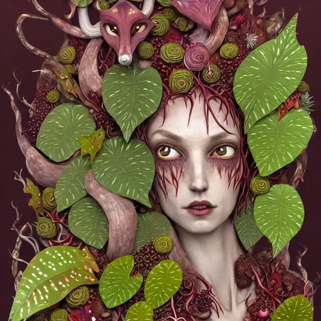 Prompt: wreathed fox shapeshifter humanoid carnivorous-plant goddess, beautiful pointy face, leaf veins skin details, lychen indigo cream berry apple burgundy silver photorealistic eyes, organic jewellery, by J.R. Slattum, David Meltzer, vines, tropical flowers, mushrooms mycelial growth, sundew, rafflesia, background theme alien planet with a crystal moon by Don Marquez, detailed digital illustration, intricate, elegant, ornate, hyper realistic, Daz3D 128K UHD Octane, pi, fractal fBm