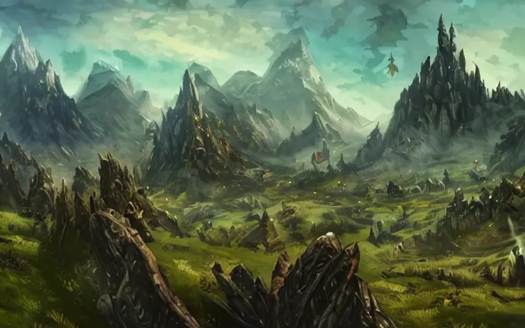 Prompt: landscape, video games, elder scrolls, morrowind, blades, swords, fantasy, dragons, mountains, fields, trees, retro, ariel view, blue sky, bright blue, bright green, battle, warriors, mages, wizards, witches, orcs, trolls, fantasy city in the distance, day time, bright, 80s dark fantasy film, 80s dark medieval film, 80s fantasy film, 80s medieval film, fantasy village, fantasy castle, fantasy stronghold, fantasy city, fantasy video game, townsfolk, dragons, tamriel, fantasy buildings, defined fantasy city, elder scrolls city, vvardenfell, volcano, red mountain, balmora, sedya neen, caldera, netch, bull netch, vivec, ebonheart, Hlaalu, Telvanni, Redoran, mournhold, cliff racer, dagoth ur, vivec city, giant mushroom trees