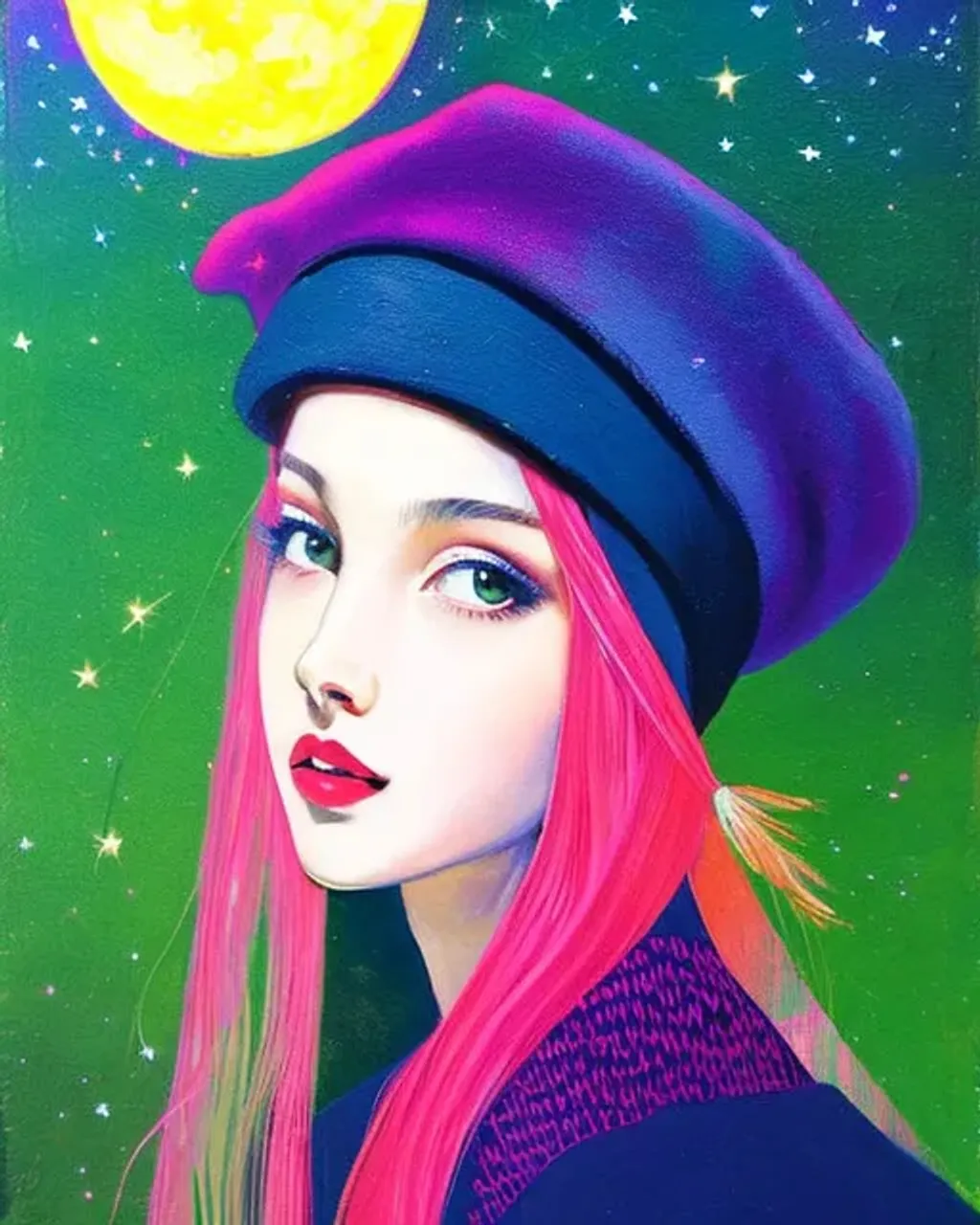 Prompt: young girl with a beret, cute detailed face. Night, moon, stars background. by Gengembre Anderson, Ilya Kuvshinov. Masterpiece, vivid colors, pastel colors