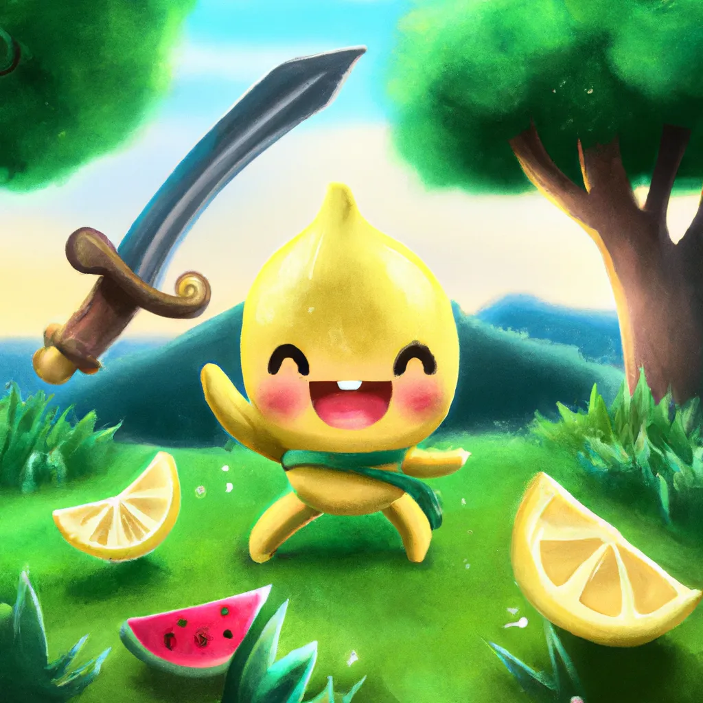 Prompt: A happy smiling kawaii lemon with samurai sword chopping watermelons in the forest, Pixar, high resolution realistic