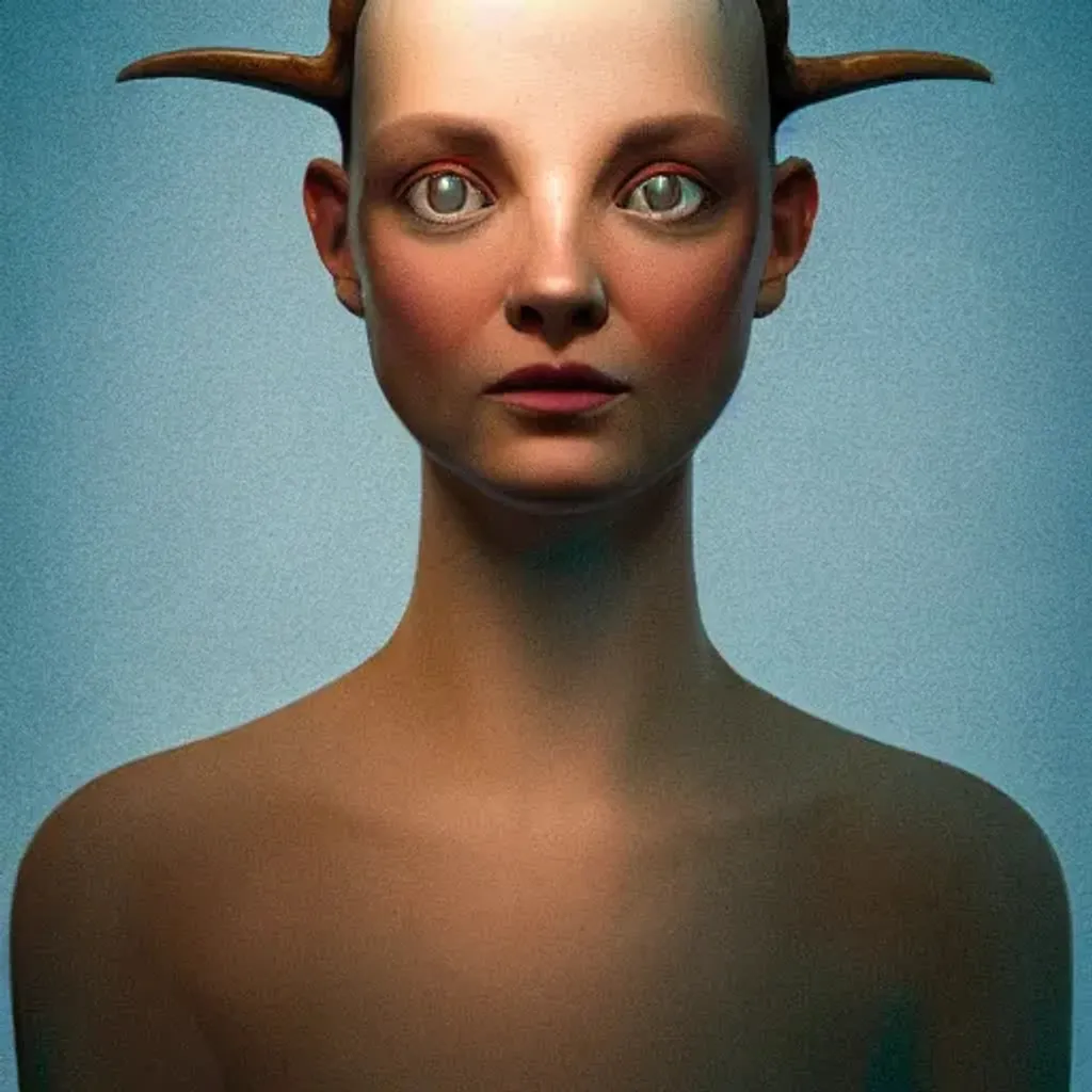 Prompt: A suspenseful photo of a beautiful woman’s head merged with a bison head and rendered in smooth 3D octane render. Blue Liquid mirror lighting, mysterious. Cute, looking at the camera. Photorealistic. Style of Mark Ryden, Zdzislaw Beksinski