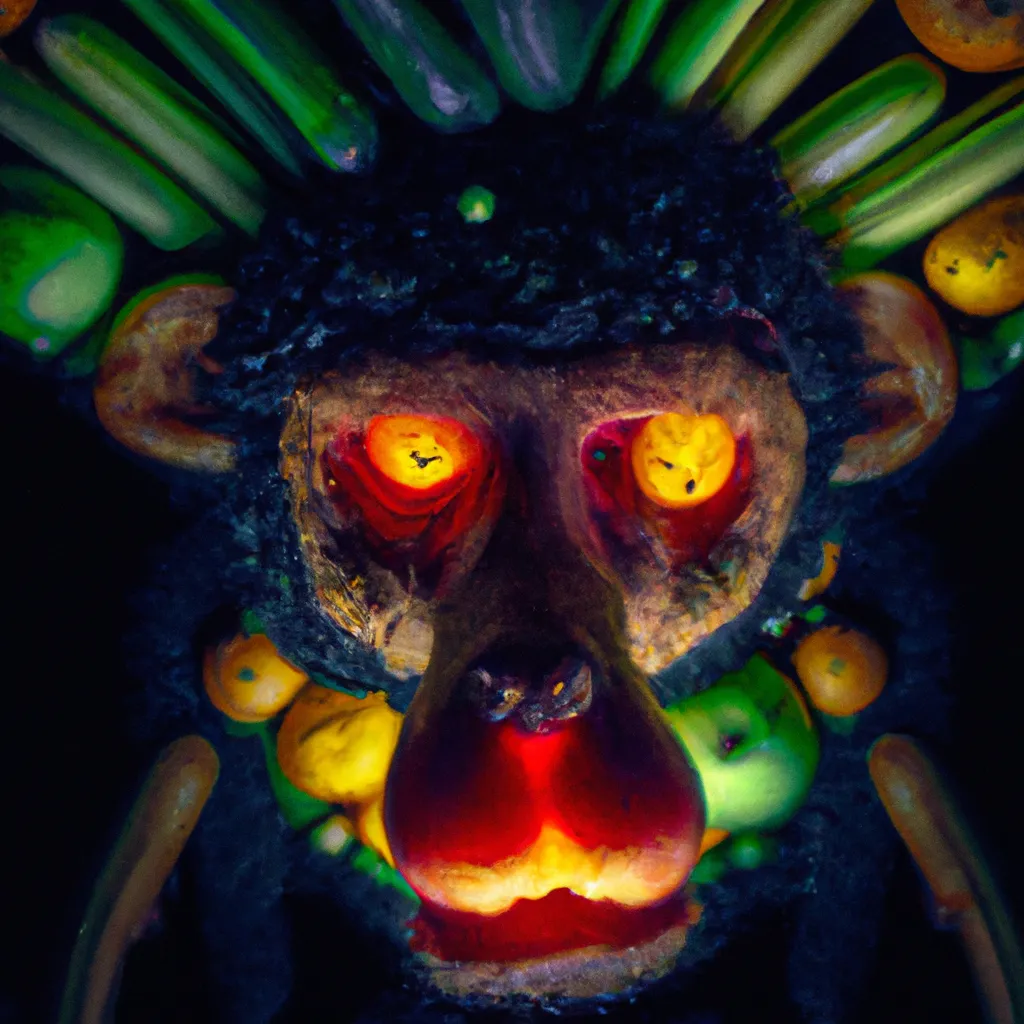 Prompt: A monkey made out of fruits and vegetables , Cinematic, Color Grading, Editorial Photography, Rim Lights, Cinematic Lighting, Lumen Reflections, Screen Space Reflections, Diffraction Grading, insanely detailed and intricate, hypermaximalist, elegant, ornate, hyper realistic, super detailed