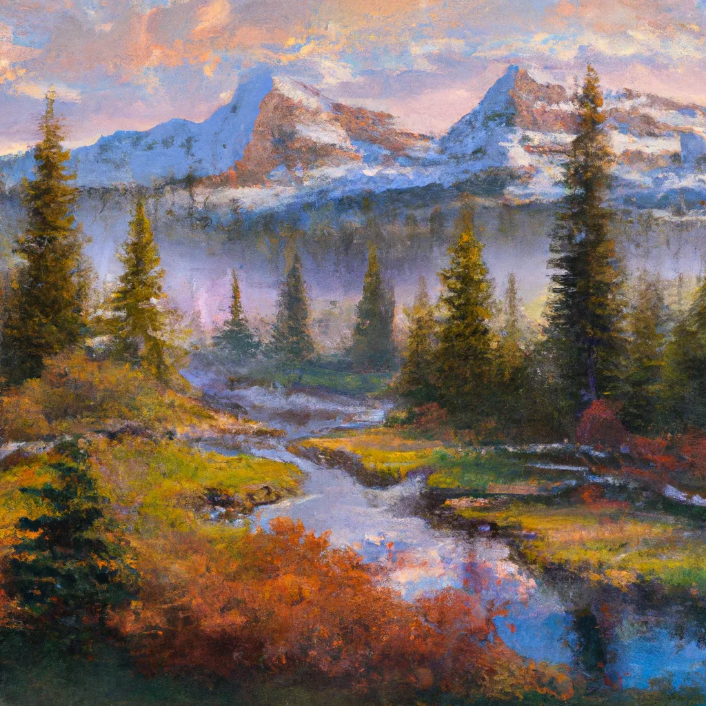 Prompt: ‘’ an epic landscape painting of the three sisters mountains in Canada, with snow on its peak, sunrise in spring time, with small river in the foreground, painted by Mike  Svob, atmospheric volumetric lighting, rolling fog breathtaking, forest and trees highly detailed‘’