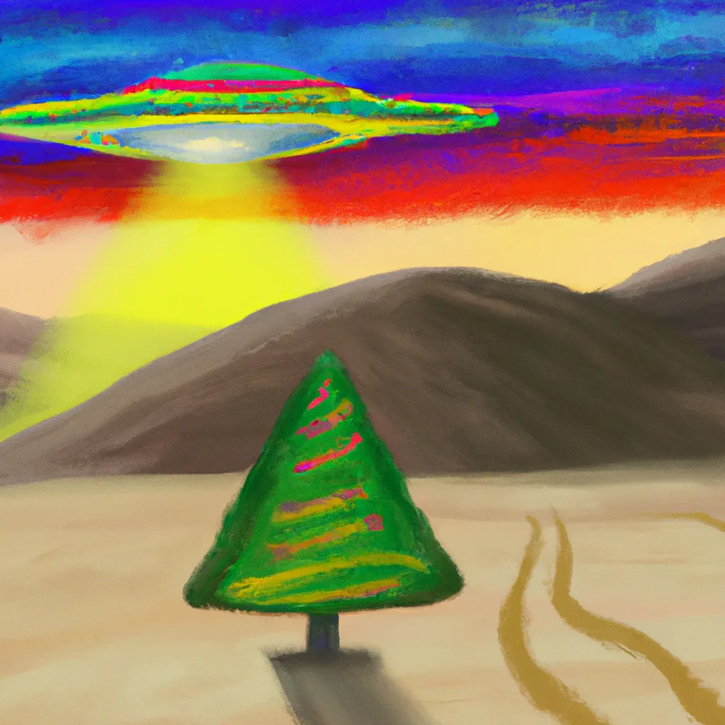 Prompt: A Van Gogh painting of a Christmas tree in the middle of a desert at dawn. There is a rainbow colored flying saucer in the sky.