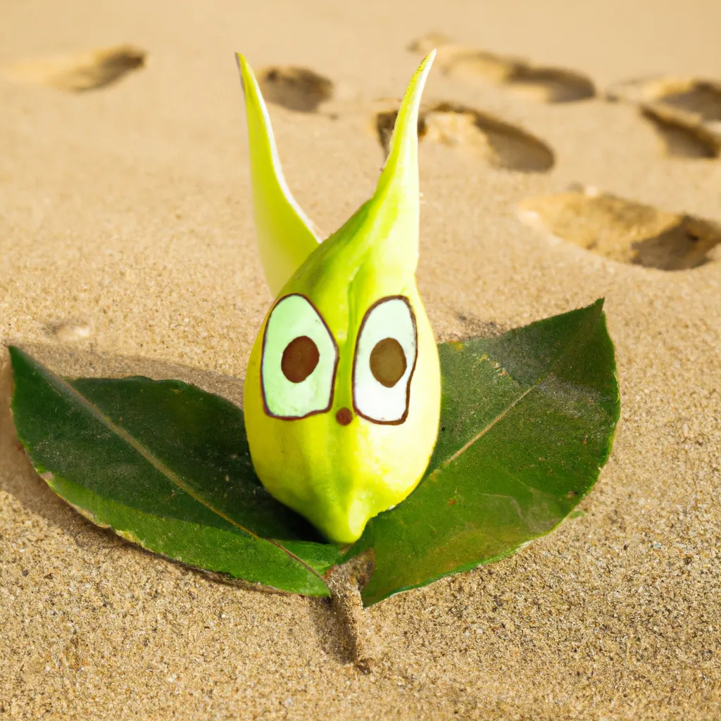 Prompt: Kawai lemon character with big green eyes and two leaves that spread out like ears, on a sandy beach, anime art