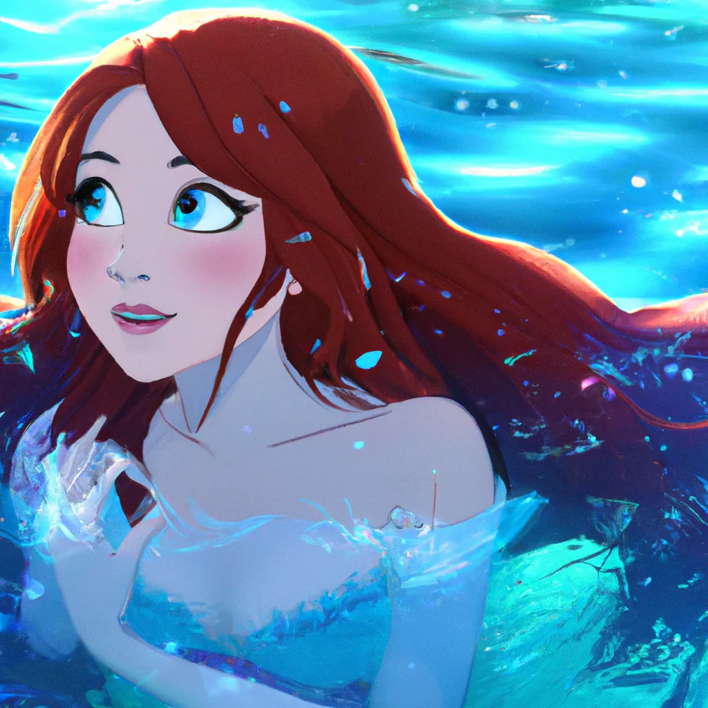 Prompt: Key Disney Visual Of icy blue water, with a cute and adorable anime mermaid with long scarlet red hair swimming ,  jean - baptiste monge, dramatic lighting, 8k, portrait, realistic, fine details, photorealism, cinematic, intricate details, cinematic lighting, photo realistic 8k,  Ghibli Studio and Ufotable and Kyoto Animation and A-1 Pictures and Kadokawa and Aniplex