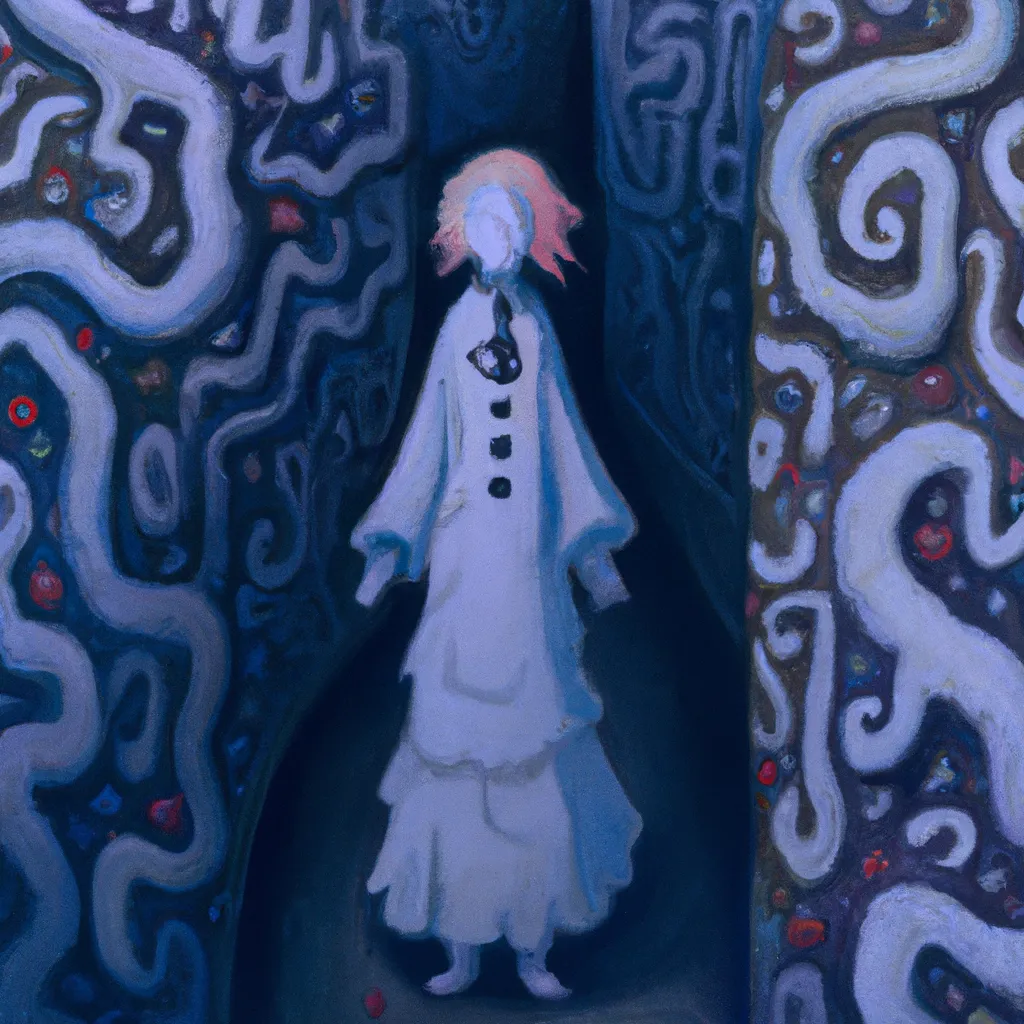 Prompt: An expressive surrealism oil painting of a ghost in cosplay costume lost in a maze. By Tim Burton, Anna Dittmann and Elsa Beskow. 