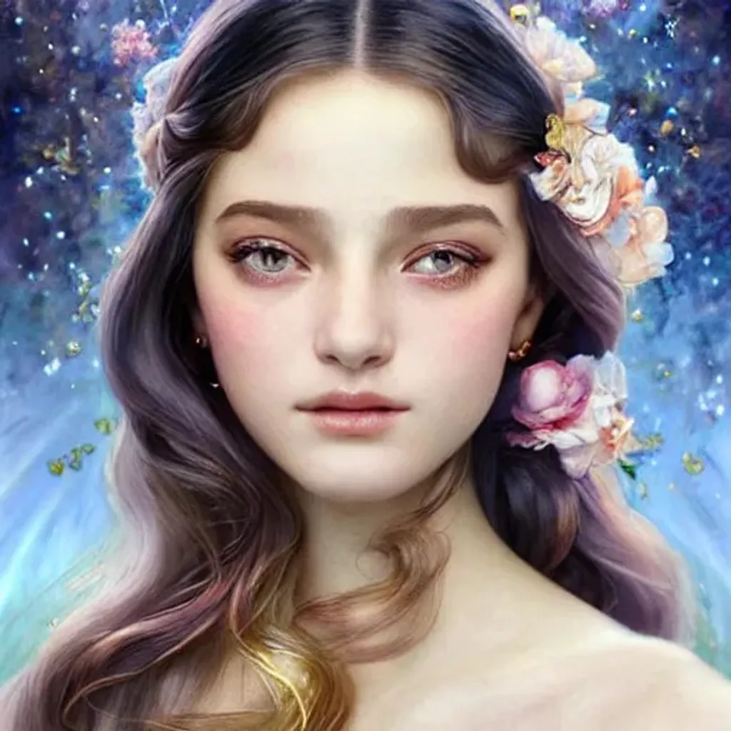 Prompt: Ethereal Magical elegant Teenager, detailed face by Anna Dittmann, intricate eyes by Gerhard Richter, Eye details by Lilia Alvarado, skin details by Artgerm, composition by Tom Bagshaw, background by Craig Mullins, background details by Greg Rutkowski, face details by Alphonse Mucha, global illumination by god, detailed and intricate prompt by CAT AI