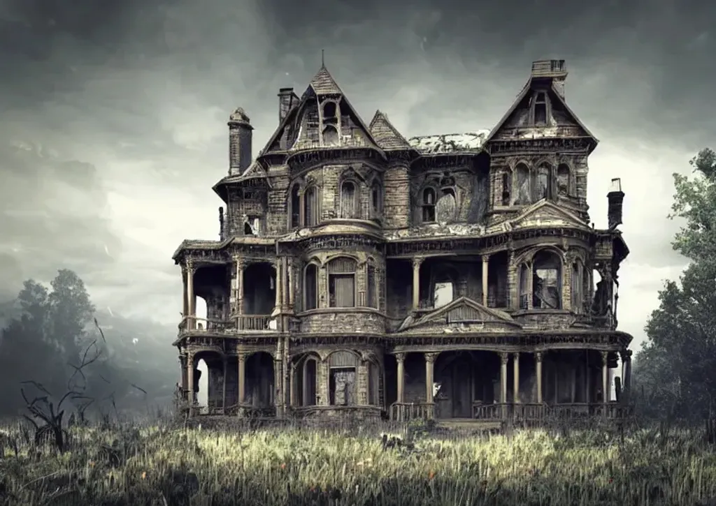 Prompt: victorian house,, abandoned, falling apart, spooky, cinematic, detailed, atmospheric, epic, concept art, Matte painting, background, dust, photo-realistic, concept art, volumetric light, cinematic epic + rule of thirds octane render, 8k, corona render, movie concept art, octane render, cinematic, trending on artstation, movie concept art, cinematic composition , ultra-detailed, realistic , hyper-realistic , volumetric lighting, 8k –ar 2:3 –test –uplight