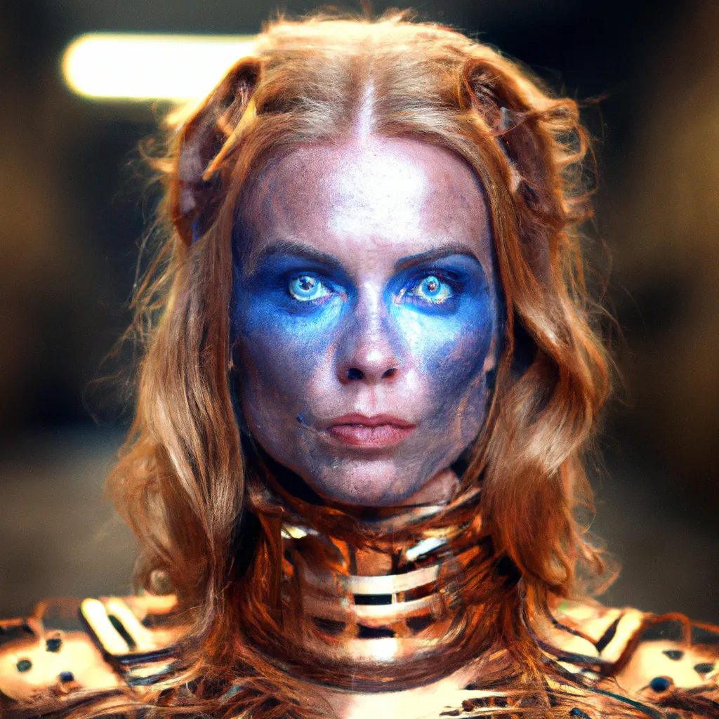 Prompt: A photo portrait of a female cyborg with blue eyes, futuristic amazing makeup, soft neutral expression, long blonde hair, symmetrical face, front facing, looking at camera, studio lighting, 8k, golden hours, professional photography. UHD beautiful long flowing red hair filigree golden armor cyberpunk Bladerunner android style of top supermodel ZBrush highly detailed, full shot, James Gurney