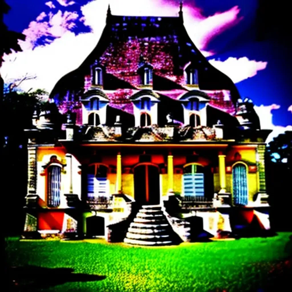 Prompt: A blend of Mayan ruins and French provincial Chateau architecture, mansard roof, photograph, broad light, cinematic lighting, rich lighting, high color saturation, highly detailed, Kodachrome