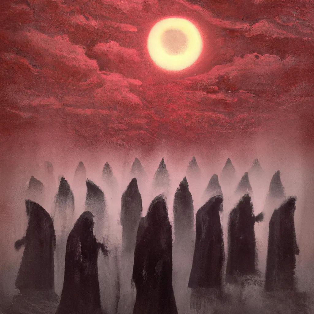 Prompt: A hooded cult bows in devotion to the one with many eyes, the still ground beneath appears to move with their chants, the black mist rises as the red sun fall, surreal painting, dystopian