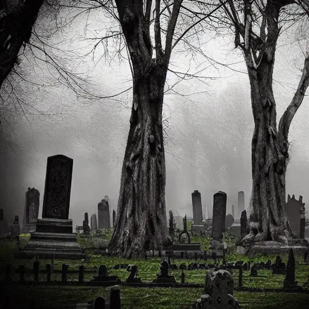 Prompt: Hyper realistic, real life, gothic, dangerous, terrifying graveyard with winding trees 