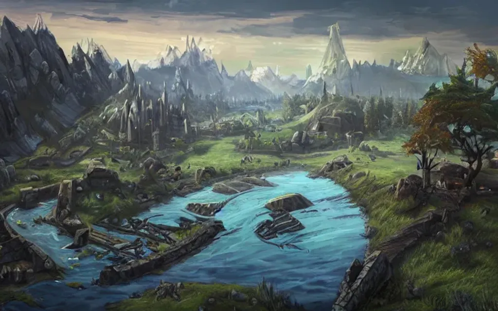 Prompt: landscape, video games, elder scrolls, morrowind, blades, swords, fantasy, dragons, mountains, fields, trees, retro, tall trees, river, water, color blue, color green, ariel view, blue sky, bright blue, bright green, battle, warriors, mages, wizards, witches, orcs, trolls, fantasy city in the distance, day time, bright, 80s dark fantasy film, 80s dark medieval film, 80s fantasy film, 80s medieval film, fantasy village, fantasy castle, fantasy stronghold, fantasy city, fantasy video game, townsfolk, dragons, tamriel, fantasy buildings, defined fantasy city, elder scrolls city, vvardenfell, volcano, red mountain, balmora, sedya neen, caldera, netch, bull netch, vivec, ebonheart, Hlaalu, Telvanni, Redoran