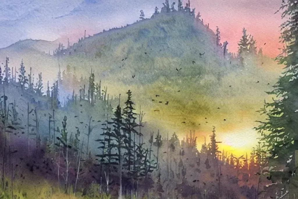 Prompt: "a beautiful watercolor painting an epic appalachian wilderness at dawn, godrays, mystical, deep shadows, epic scale"