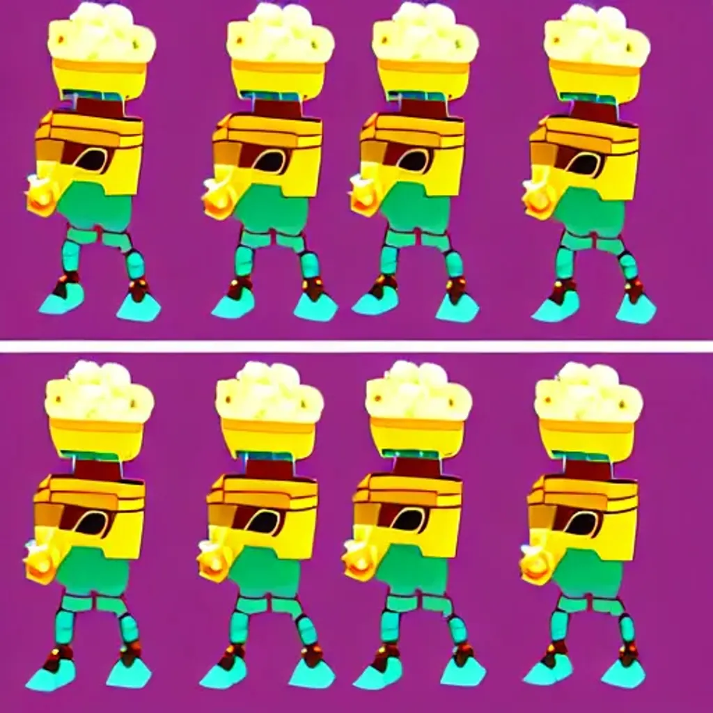 Prompt: Popcorn portrait, Four frame walk cycle, game art, character, cute, robot, animation cycle, animation cel, concept, walking, seperate body parts, Hattori